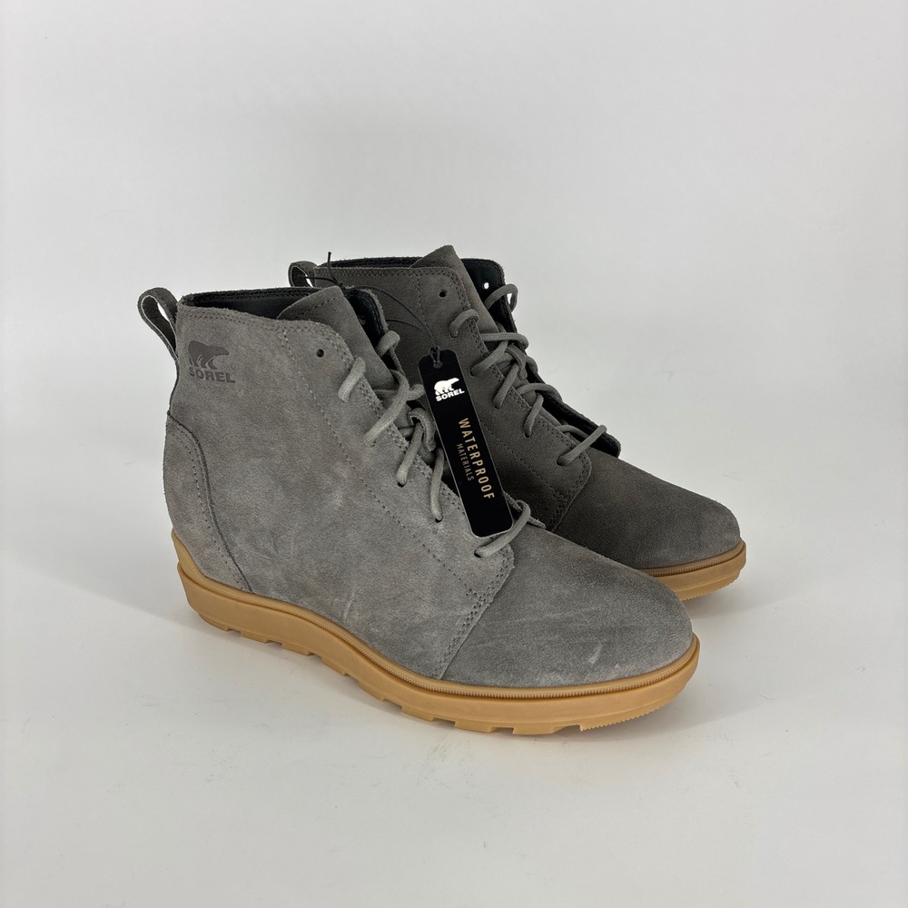 New Sorel Evie II Lace Boots Gray Quarry/Gum Women Size 9 Waterproof Suede Wedge